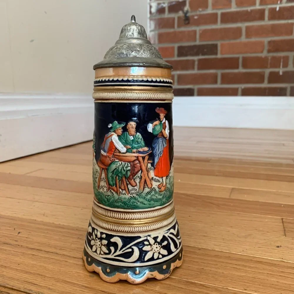 Vintage German Beer Stein Handgemalt with Pewter Lid